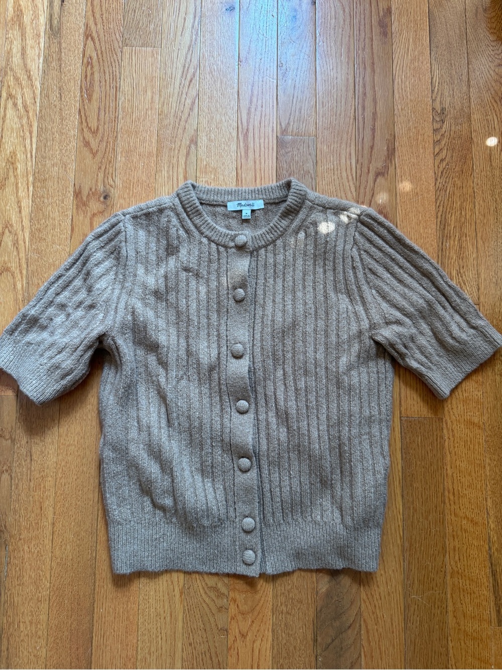 Madewell Ribbed Short-Sleeve Button-Front Sweater in Taupe